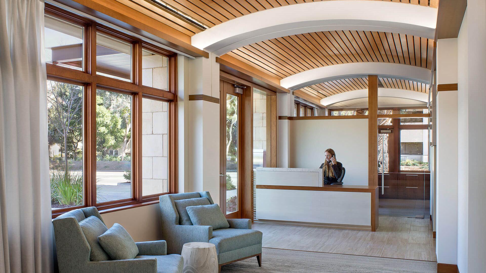 Reception with vaulted wood ceiling