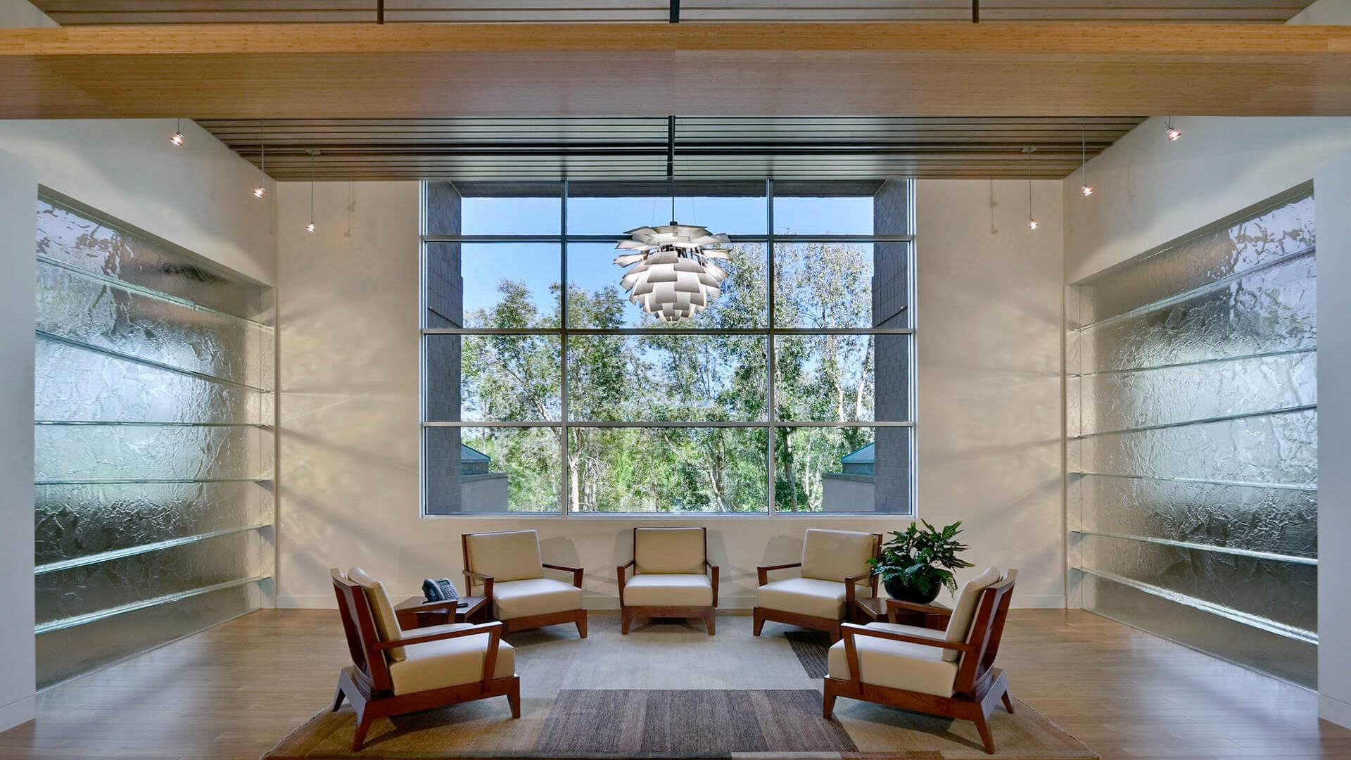 Second Floor lobby with glass art