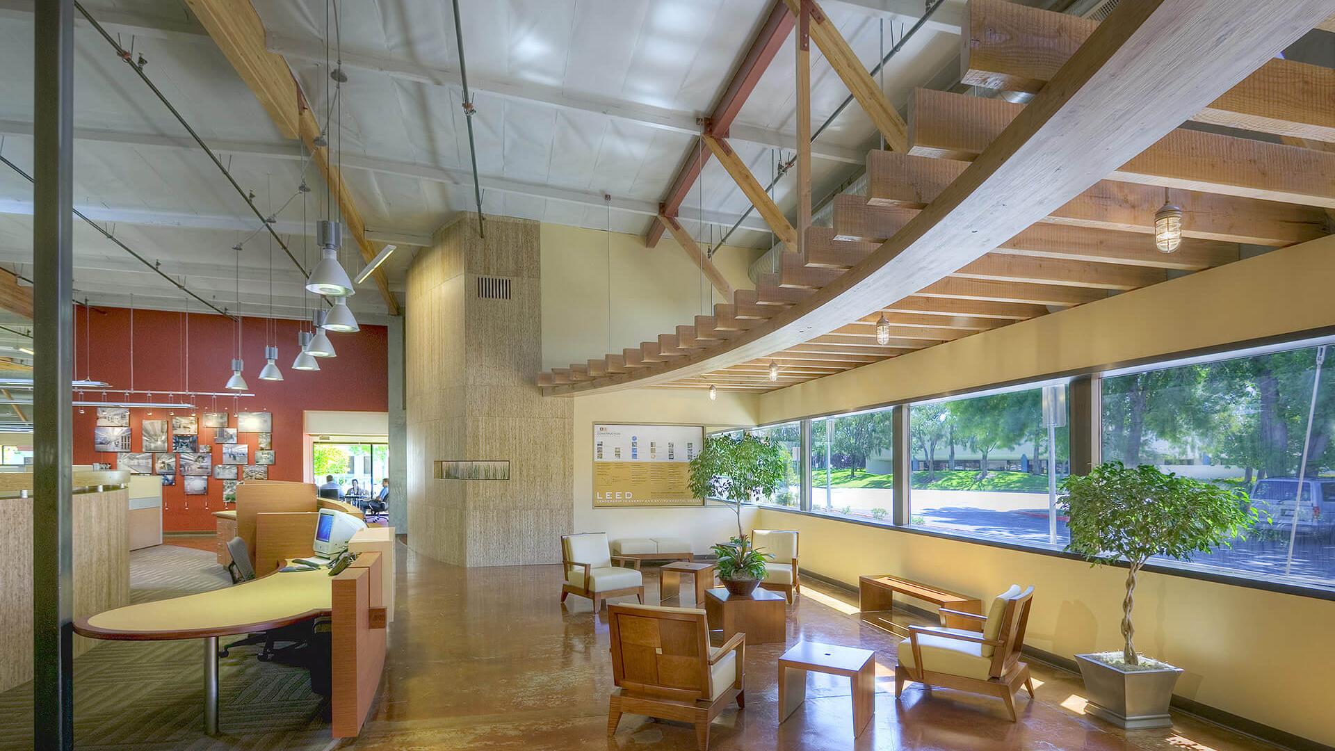 Reception area with wood trellis
