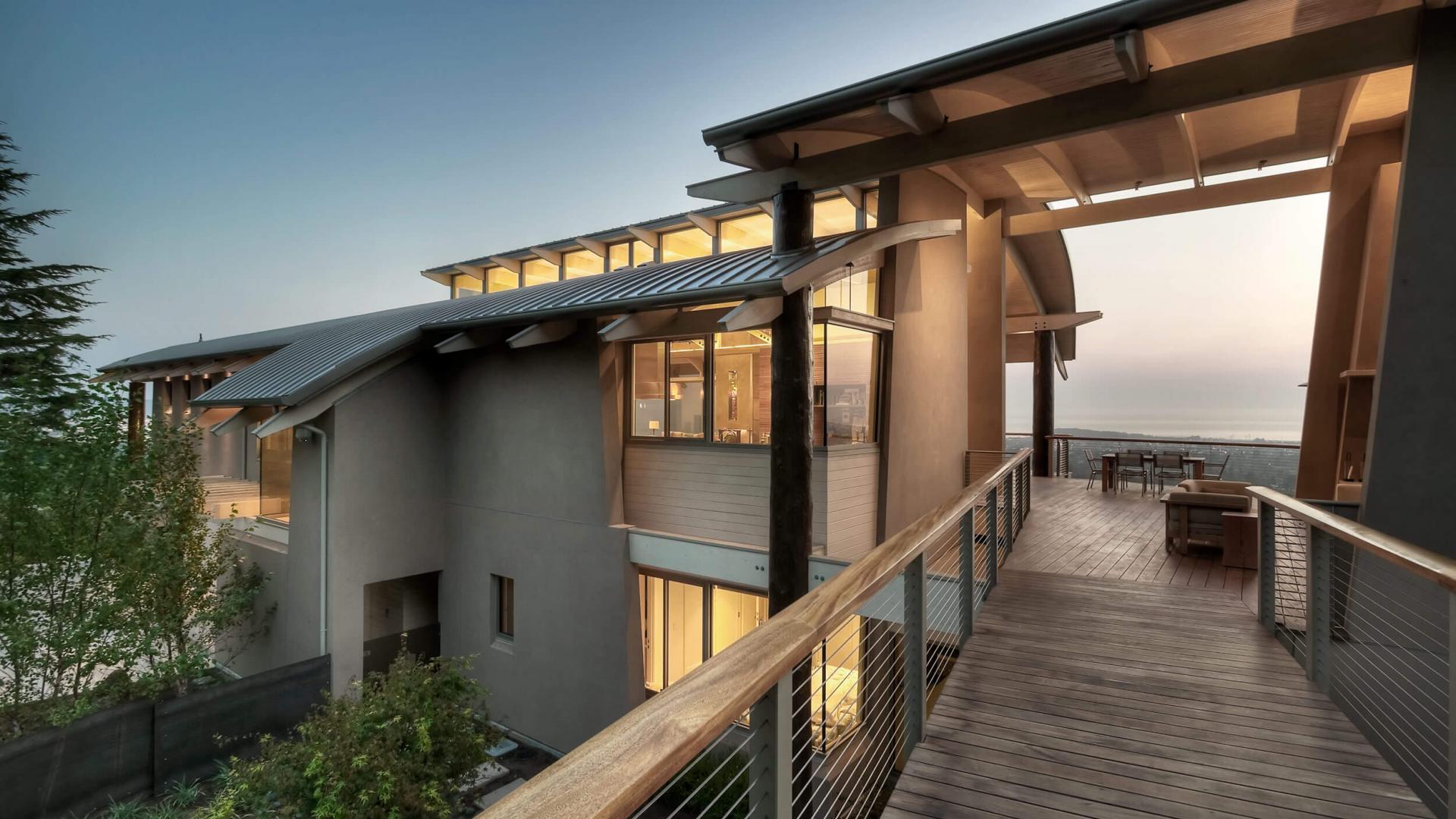 Entry bridge to front door at dawn