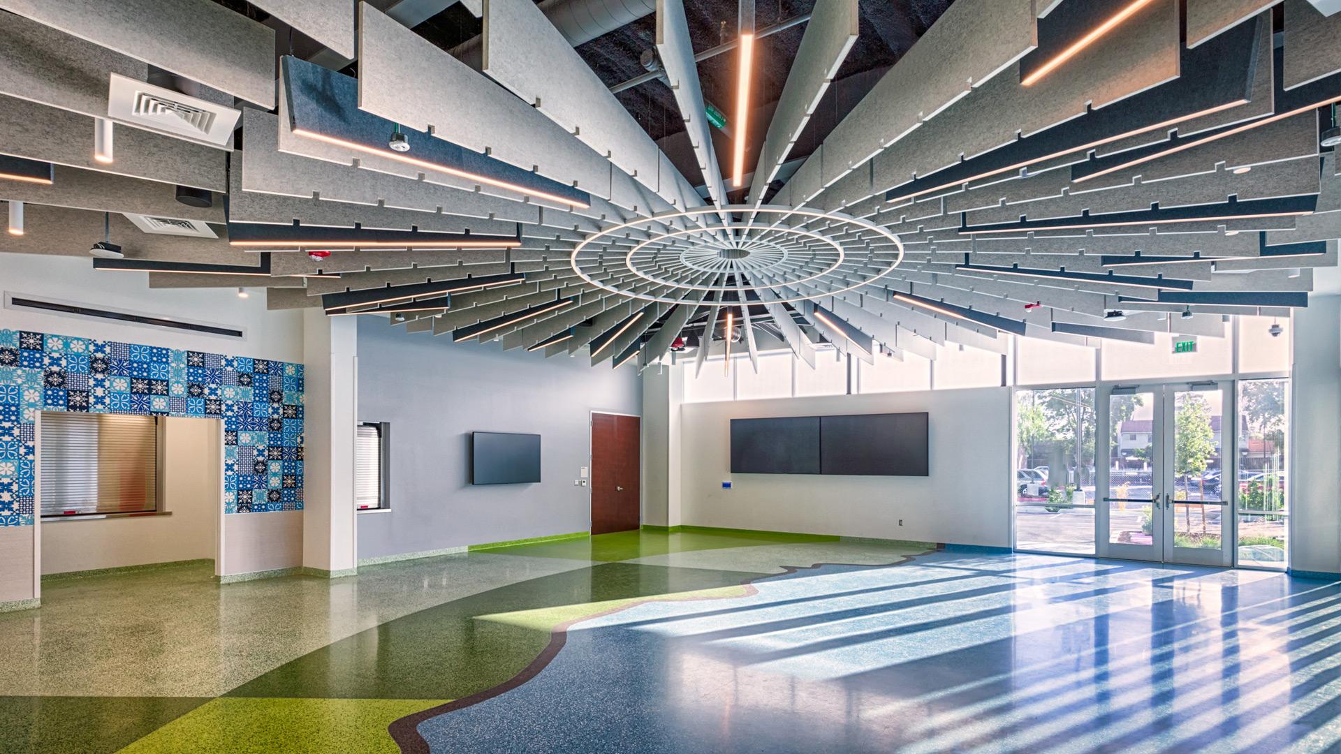 Multipurpose room with radial ceiling design