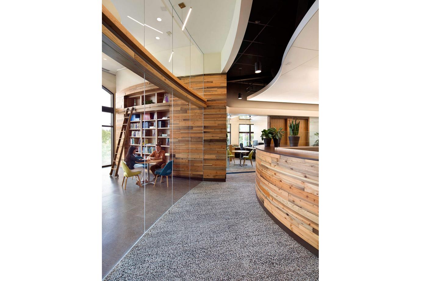 Detail of reclaimed wood looking into staff lounge