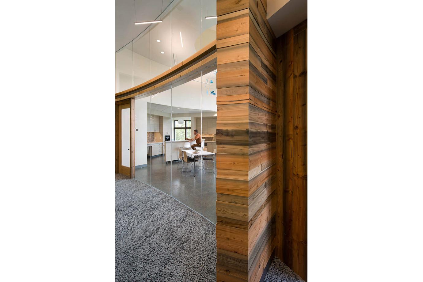 Detail of reclaimed wood looking into staff lounge