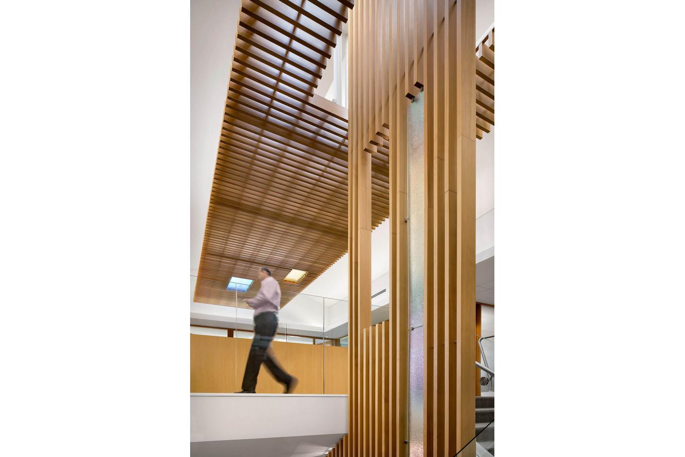 Vertical wood screen two canopies which filter natural light and artificial light into the space below utilizing art glass panels.