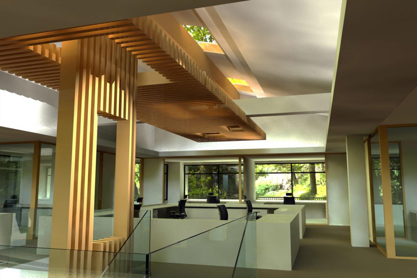 Rendering of second floor office and wood trellis