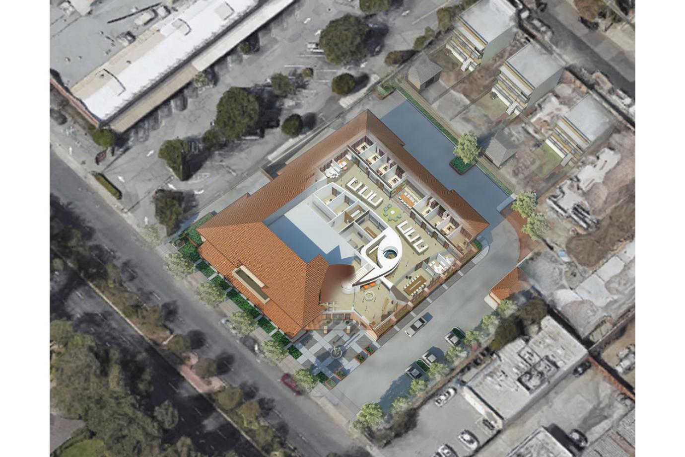 Aerial view of context and plan