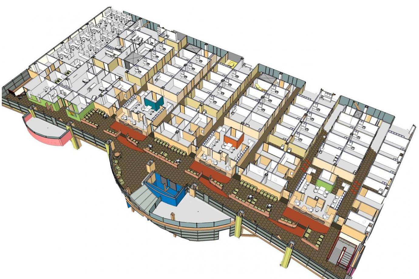 Axonometric shows color distribution and provider teaming areas